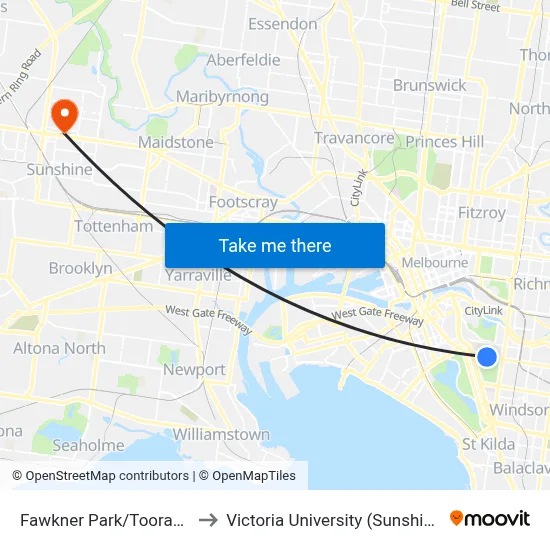 Fawkner Park/Toorak Rd #123 to Victoria University (Sunshine Campus) map
