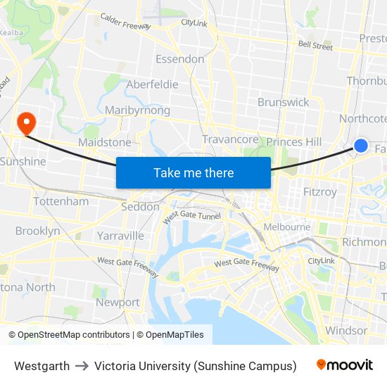 Westgarth to Victoria University (Sunshine Campus) map