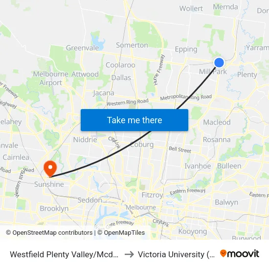 Westfield Plenty Valley/Mcdonalds Rd to Victoria University (Sunshine Campus) map