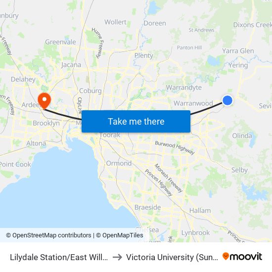 Lilydale Station/East William St (Lilydale) to Victoria University (Sunshine Campus) map