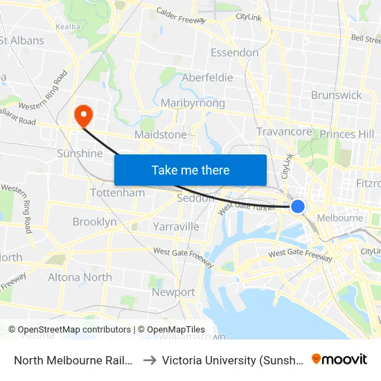 North Melbourne Railway Station to Victoria University (Sunshine Campus) map