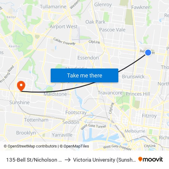 135-Bell St/Nicholson St (Coburg) to Victoria University (Sunshine Campus) map