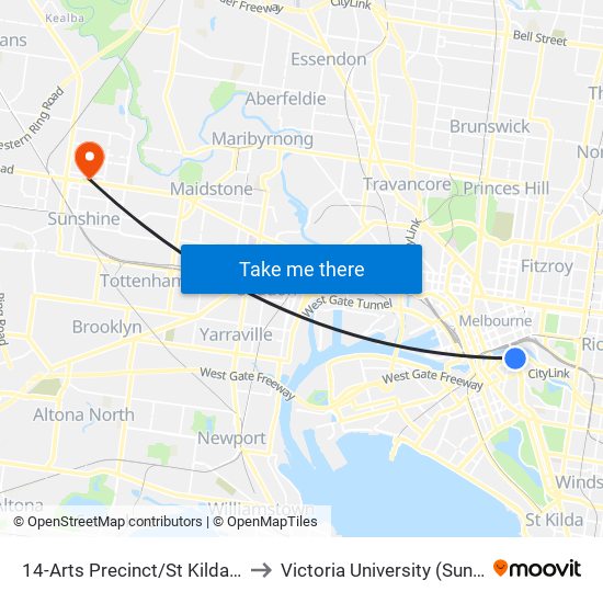 14-Arts Precinct/St Kilda Rd (Southbank) to Victoria University (Sunshine Campus) map