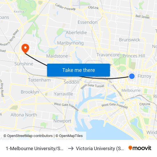 1-Melbourne University/Swanston St (Carlton) to Victoria University (Sunshine Campus) map