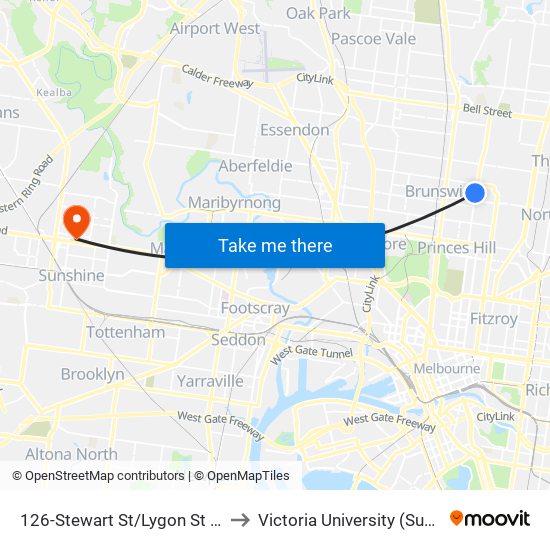 126-Stewart St/Lygon St (Brunswick East) to Victoria University (Sunshine Campus) map