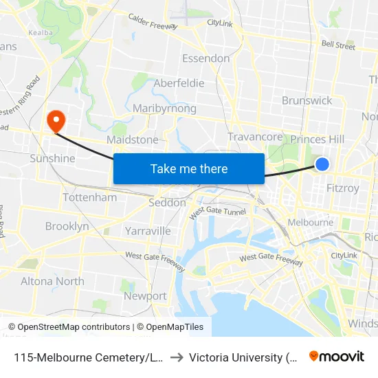 Melbourne Cemetery/Lygon St #115 to Victoria University (Sunshine Campus) map