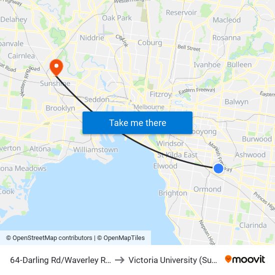 64-Darling Rd/Waverley Rd (Malvern East) to Victoria University (Sunshine Campus) map