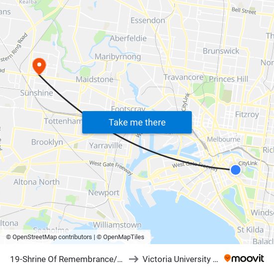 19-Shrine Of Remembrance/St Kilda Rd (Melbourne City) to Victoria University (Sunshine Campus) map