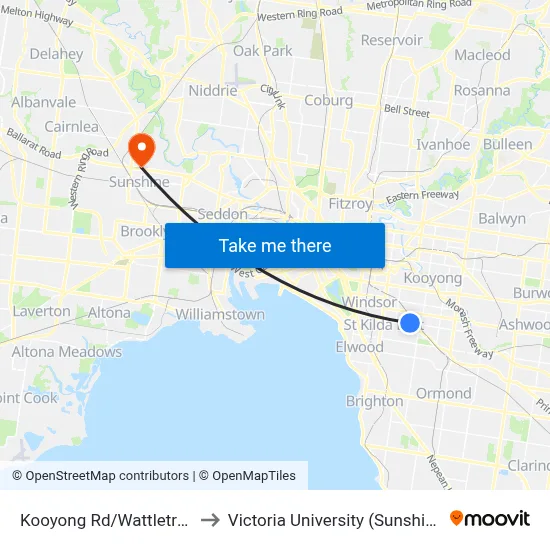 Kooyong Rd/Wattletree Rd #42 to Victoria University (Sunshine Campus) map