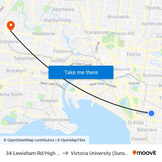 34-Lewisham Rd/High St (Prahran) to Victoria University (Sunshine Campus) map