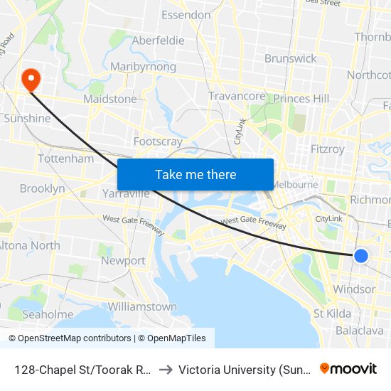 128-Chapel St/Toorak Rd (South Yarra) to Victoria University (Sunshine Campus) map