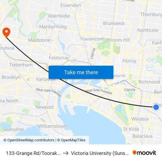 133-Grange Rd/Toorak Rd (Toorak) to Victoria University (Sunshine Campus) map