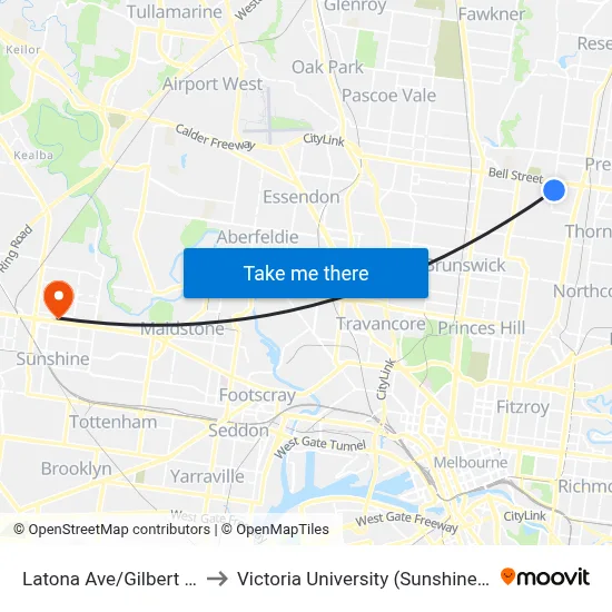 Latona Ave/Gilbert Rd #39 to Victoria University (Sunshine Campus) map