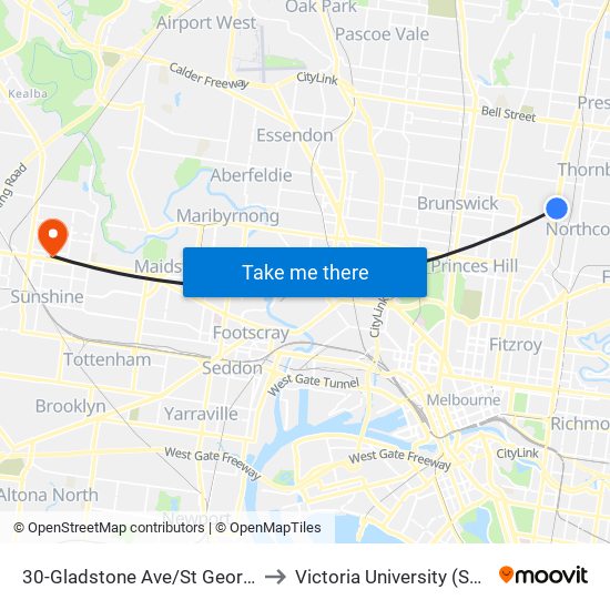 30-Gladstone Ave/St Georges Rd (Northcote) to Victoria University (Sunshine Campus) map