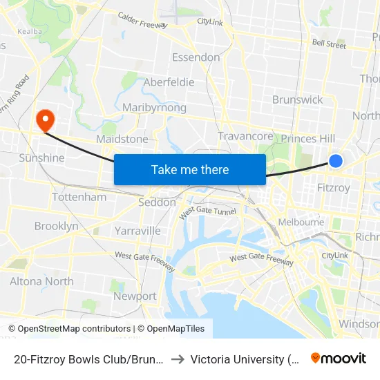 Fitzroy Bowls Club/Brunswick St #20 to Victoria University (Sunshine Campus) map
