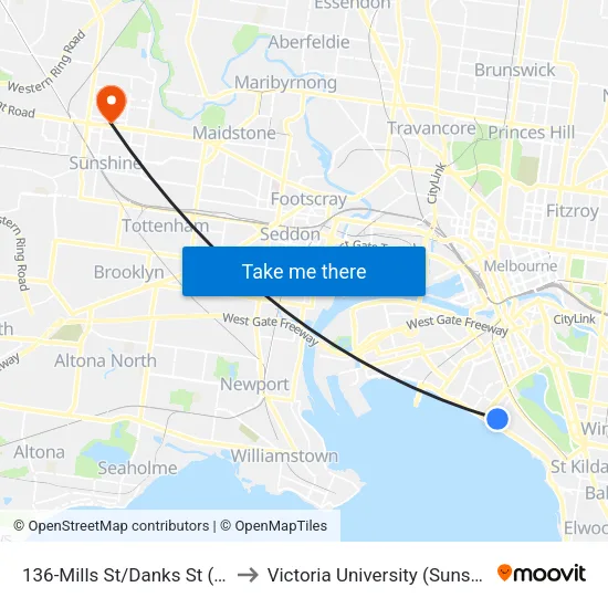 Mills St/Danks St #136 to Victoria University (Sunshine Campus) map
