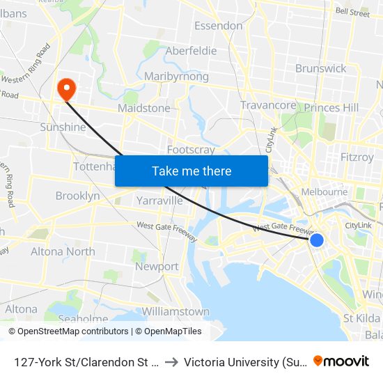 127-York St/Clarendon St (South Melbourne) to Victoria University (Sunshine Campus) map