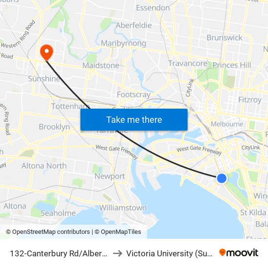 132-Canterbury Rd/Albert Rd (Albert Park) to Victoria University (Sunshine Campus) map