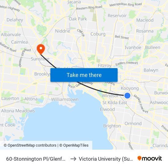 60-Stonnington Pl/Glenferrie Rd (Malvern) to Victoria University (Sunshine Campus) map