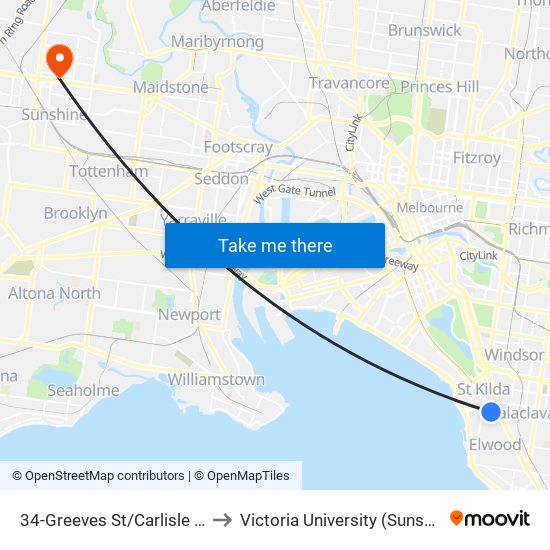 34-Greeves St/Carlisle St (St Kilda) to Victoria University (Sunshine Campus) map