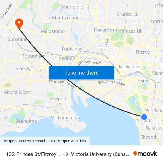 132-Princes St/Fitzroy St (St Kilda) to Victoria University (Sunshine Campus) map