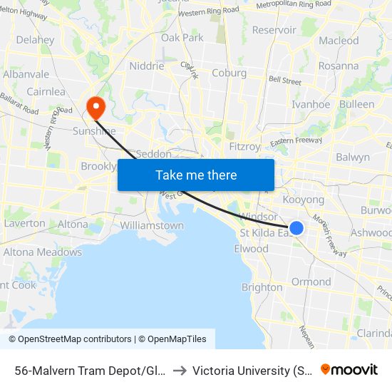 56-Malvern Tram Depot/Glenferrie Rd (Malvern) to Victoria University (Sunshine Campus) map
