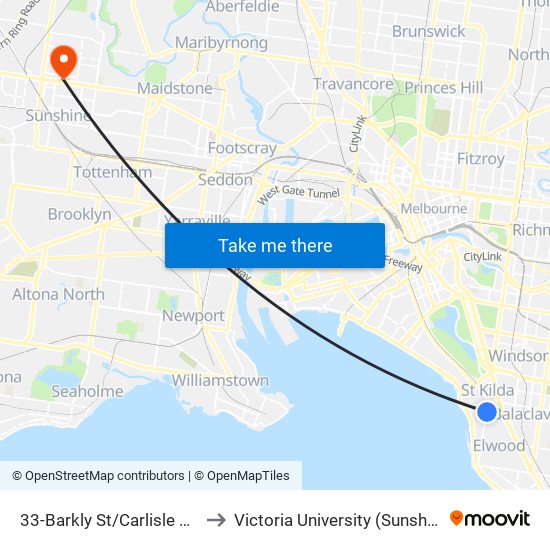 33-Barkly St/Carlisle St (St Kilda) to Victoria University (Sunshine Campus) map