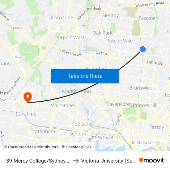Mercy College/Sydney Rd #39 to Victoria University (Sunshine Campus) map