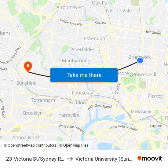 23-Victoria St/Sydney Rd (Brunswick) to Victoria University (Sunshine Campus) map