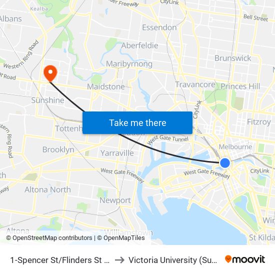 1-Spencer St/Flinders St (Melbourne City) to Victoria University (Sunshine Campus) map