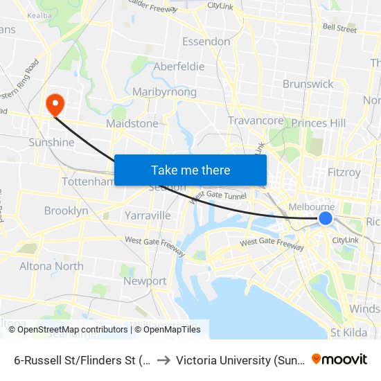 6-Russell St/Flinders St (Melbourne City) to Victoria University (Sunshine Campus) map