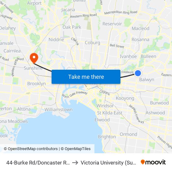 44-Burke Rd/Doncaster Rd (Balwyn North) to Victoria University (Sunshine Campus) map