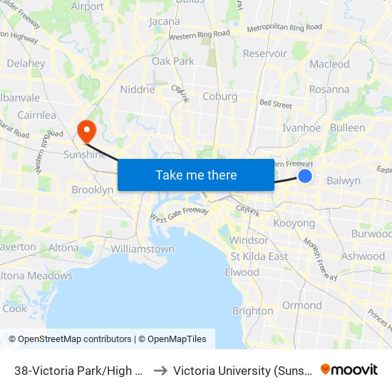 38-Victoria Park/High St (Kew East) to Victoria University (Sunshine Campus) map