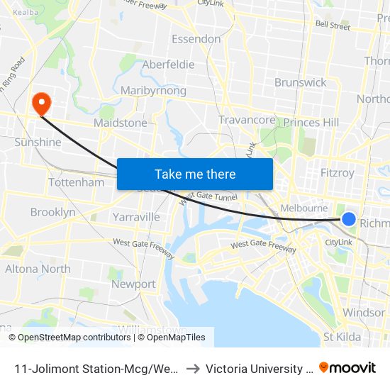 11-Jolimont Station-Mcg/Wellington Pde (East Melbourne) to Victoria University (Sunshine Campus) map