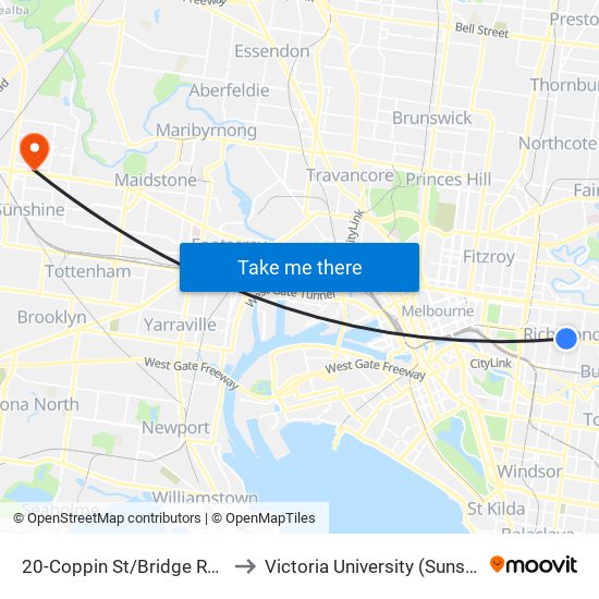 20-Coppin St/Bridge Rd (Richmond) to Victoria University (Sunshine Campus) map