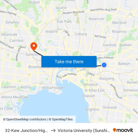 32-Kew Junction/High St (Kew) to Victoria University (Sunshine Campus) map