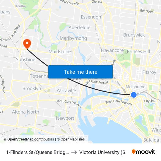 1-Flinders St/Queens Bridge St (Melbourne City) to Victoria University (Sunshine Campus) map