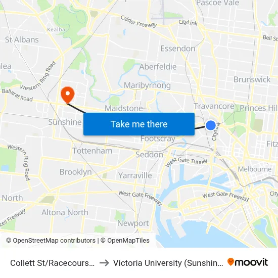 Collett St/Racecourse Rd #24 to Victoria University (Sunshine Campus) map