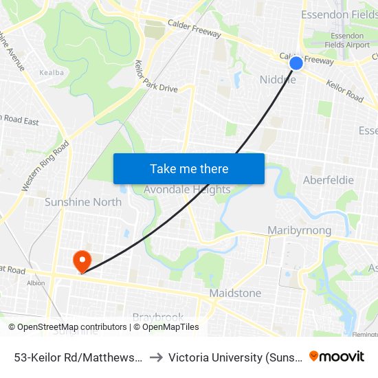 53-Keilor Rd/Matthews Ave (Niddrie) to Victoria University (Sunshine Campus) map