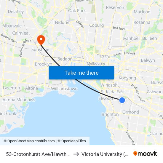 53-Crotonhurst Ave/Hawthorn Rd (Caulfield North) to Victoria University (Sunshine Campus) map