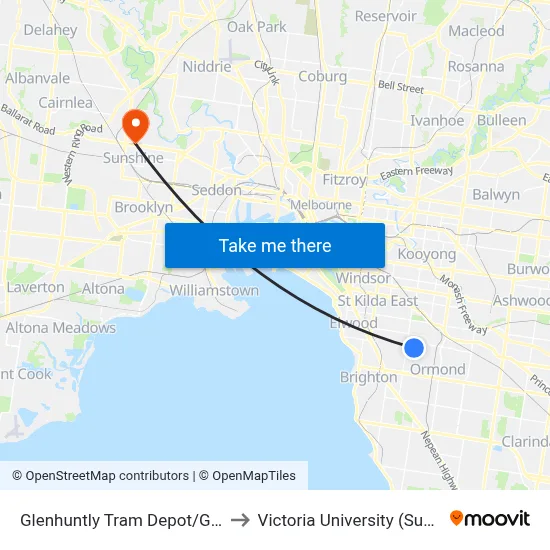 Glenhuntly Tram Depot/Glenhuntly Rd #53 to Victoria University (Sunshine Campus) map