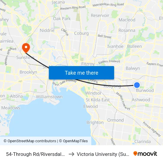 Through Rd/Riversdale Rd #54 to Victoria University (Sunshine Campus) map