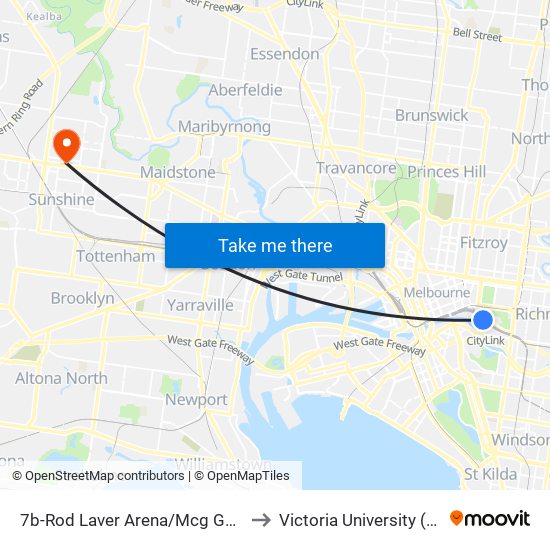 7b-Rod Laver Arena/Mcg Gates 1-3 (Melbourne City) to Victoria University (Sunshine Campus) map