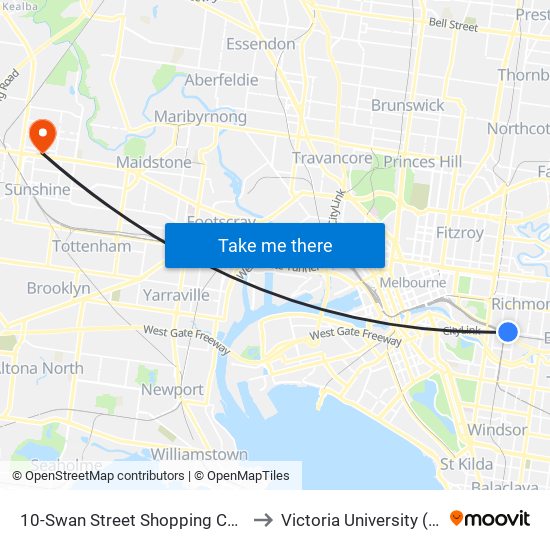 10-Swan Street Shopping Centre/Swan St (Richmond) to Victoria University (Sunshine Campus) map