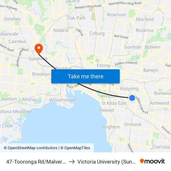 47-Tooronga Rd/Malvern Rd (Malvern) to Victoria University (Sunshine Campus) map