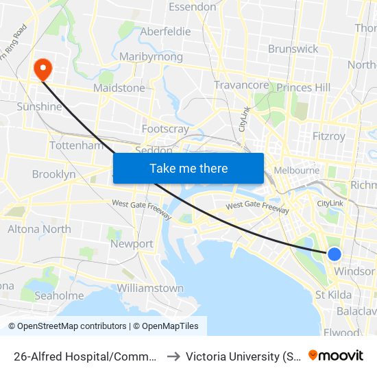 26-Alfred Hospital/Commercial Rd (South Yarra) to Victoria University (Sunshine Campus) map