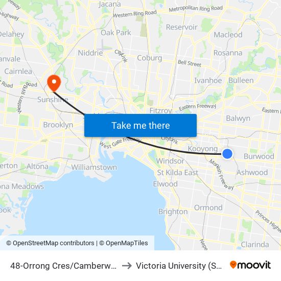 48-Orrong Cres/Camberwell Rd (Camberwell) to Victoria University (Sunshine Campus) map