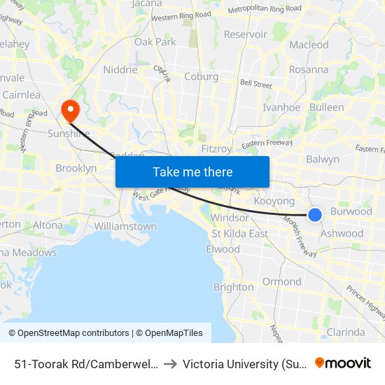 51-Toorak Rd/Camberwell Rd (Camberwell) to Victoria University (Sunshine Campus) map