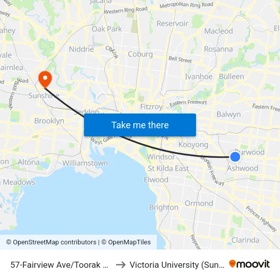 Fairview Ave/Toorak Rd #57 to Victoria University (Sunshine Campus) map