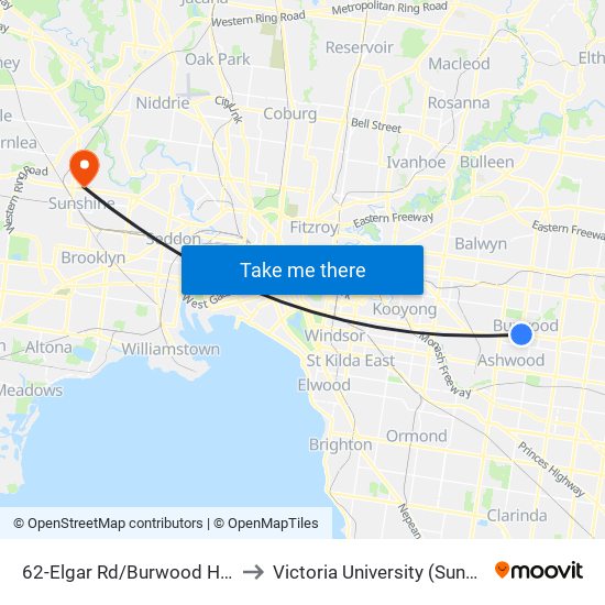 62-Elgar Rd/Burwood Hwy (Burwood) to Victoria University (Sunshine Campus) map